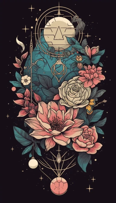 tattoo clipart, minimalism art decor image of a vector moon, lotus flowers, peonies, Buddha, stars and planets, vertical, sacred geometry, tiny, metallic colors, spiritual, vector, phone wallpaper, high quality image, vector, logo, pastel, triangle and sacred geometry, dark background
