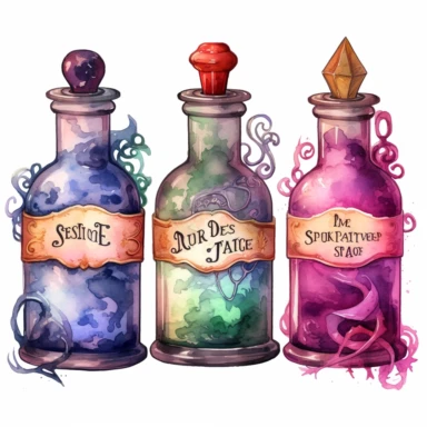 Create a watercolor clipart set of potion bottle with different shape, size, and color, containing a unique magical elixir with label. no background