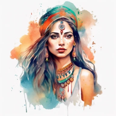 watercolor boho indian beautiful woman clipart, hd, on white background, spaced out