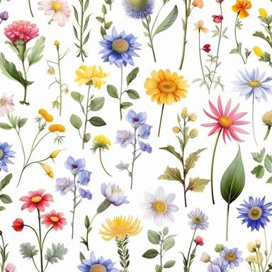 3D flora, flowers, Watercolor, vector, white background, clipart, Seamless patterns, repeating patterns design, flat illustration, outlined , Vector, 4K, Art station, digital print, highly detailed clean