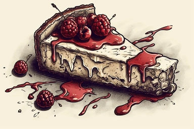 Design of cheesecake clipart, hd on clear and white background spaced out style of Aaron Horkey