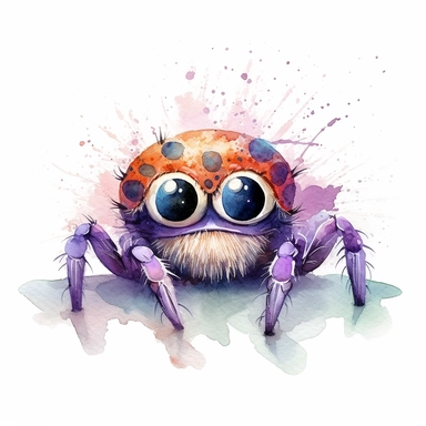 Watercolor, cute happy spider, side body view, clipart, pure white background