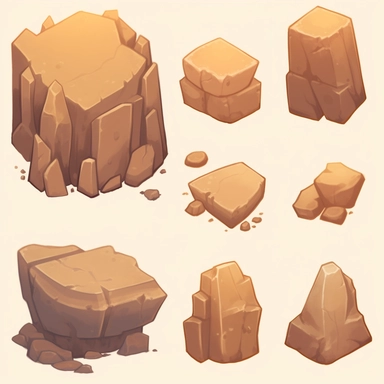 simple desert boulders, video game assets, isometric, top down, isolated figures, hand drawn, level art, low contrast, no borders, soft lightning, smooth edges, atmospheric effects, spatial concept art, muralist, clipart, ps1 graphics, deconstructed objects, 2d, plain background