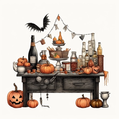 simple, vintage Halloween party decor, clipart style, color pencil technique, super high quaility, high resolution on a white