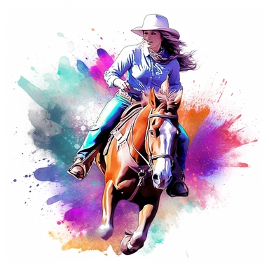 barrel racer illustration, nebular mix background, clipart, photorealistic illustration, watercolor, high detail, 8k polished, 8k, vibrant colors, sticker, majestic, die cut, white background