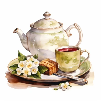 clipart white background: tea time with teacup and teapot watercolor, 4k