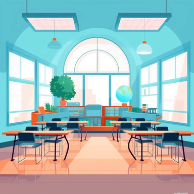 clipart of a simple college classroom, circular frame, freepik, vector, flat 2d