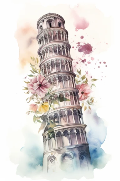 watercolor and ink illustration of the leaning tower of pisa, clipart, floral pastels, white background,