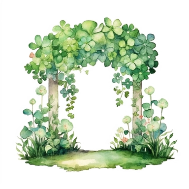 cute adorable fairy arch, green clover forest garden with four leaf clovers, watercolour illustration, soft light, fairy garden clovers, clipart