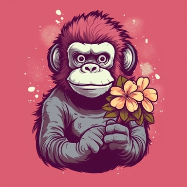 tshirt design with a pink gorilla holding a daisy. make it cute cartoon clipart