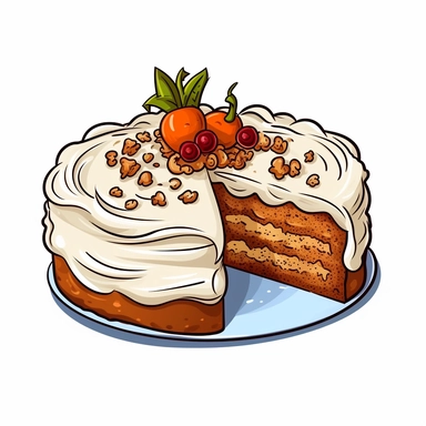 generate a clipart image of a carrot cake white background. Show a cake with grated carrots, raisins, and walnuts, topped with cream cheese frosting and a sprinkle of cinnamon