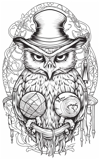 Coloring cartoon page for adult,witch clipart 6 witches, owl, in the style of reimagined by Dr. Seus, mystic mechanisms, illusory images, witchcore, lith printing ,clear and clean line art, white background