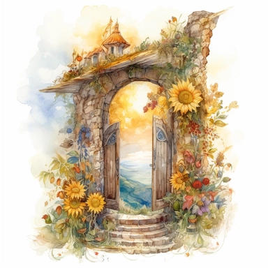 isolated on white illustration watercolor art of a front door from inside the fairy house, the window shows the landscape from the garden with sunflowers and a road going into the mountains, a lot of sunflowers, masterpiece by Hans Zatzka style and by Josephine Wall style and by Alexander Jansson style and by Ivan Fedorovich Choultse style, Art Nouveau Architecture, PNG clipart, isolated on white, extreme photorealistic details, 32k HD resolution, realistic high detailization high resolution