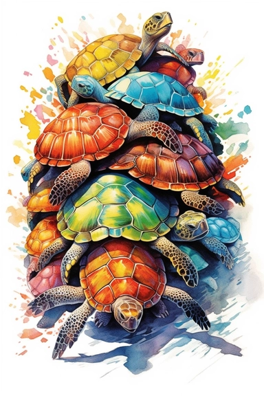 Watercolor turtles very vibrant colors, highly detailed drawing, Doodle Style, crawling, white background, clipart, colorful, highly detailed, HD