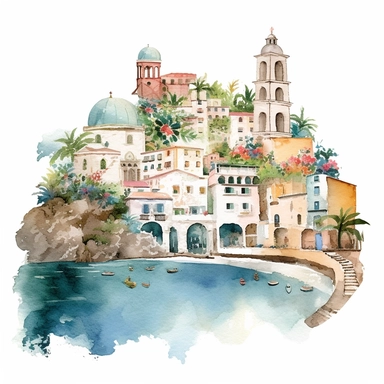 The Amalfi Coast, Italy, watercolor Clipart, watercolor Sublimation graphics, hand drawn illustration by katie daisy, Watercolor clipart, single design, single object, print on demand image, PNG transparent background, white background for removing background - - no text shadow font watermark, 8k