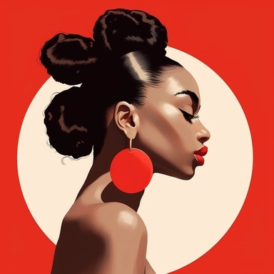 beautiful black woman facing forward , wavy hair in a ponytail with white Pearl hair clips on the side of hair slicked down, beautiful earrings, red lipstick, red circle behind her , niji art painting drawing illustration - Variations by <@1104832257438519377> (fast) - Image #2 <@1104832257438519377>