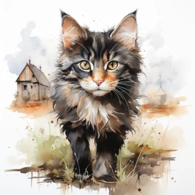 barn cat, watercolor illustration, clipart, full body, isolated on white background