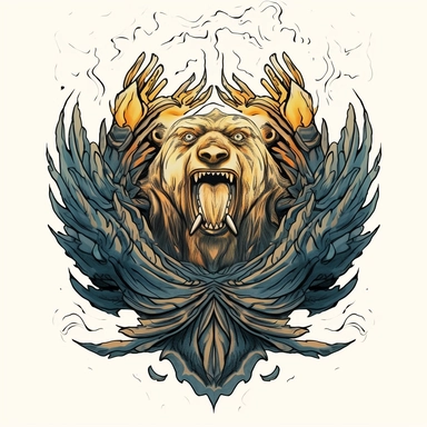 a gigantic bear, very long tongue, clipart, crest, in the style of Dan mumford