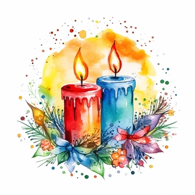 watercolor Christmas round wreath adorned with christmas candles clipart, vibrant colors, add glitter, on a white background