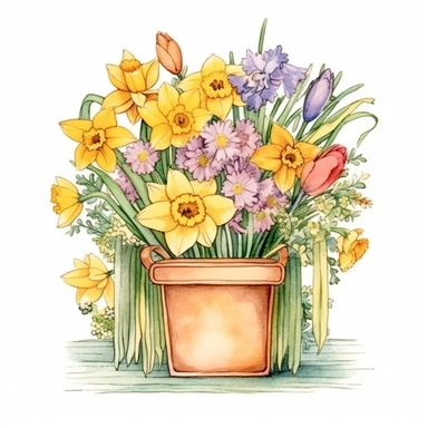 Design a unique hand-drawn watercolor clip art image of a family gift niche adorned with birth flowers. Customize the image for a family of six: a March baby (Daffodil), a June baby (Rose), a July baby (Water Lily), an August baby (Poppy), a September baby (Morning Glory), and a November baby (Cosmos). Pay attention to the composition, ensuring that the birth flowers are arranged in an aesthetically pleasing manner that showcases the beauty of each individual flower.