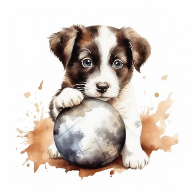 Watercolor puppy playing, with ball that resembles a world globe Clipart - cute puppy , Colour of brindle brown and cream, white background, vector art, high definition, clip art, ar 2:2