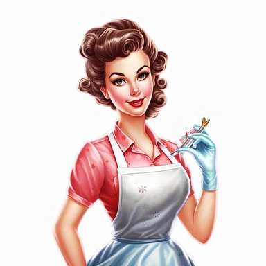 beautiful pretty pin up woman, makeup and hair 50's style, diferent poses,maid dressed, paint art style, cleaning furniture 50's style, detail, clipart, white background, superrealistic, one of a kind