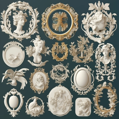 collection of isolated blank cameo broach frame , clipart for digital collage , clipart, clear-cut, Create a baroque, baroque-style . james jean, by rosie sunders, 3D, octane render, clean, super quality, 8k, flat background for easy cutout