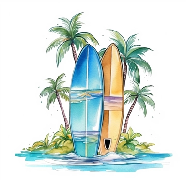 Hawaii summar holiday surfing board watercolor clipart