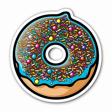 create clipart style sticker illustration of a colorful doughnut with sprinkles with a black and white thick sticker outline in 8K resolution on a white background,