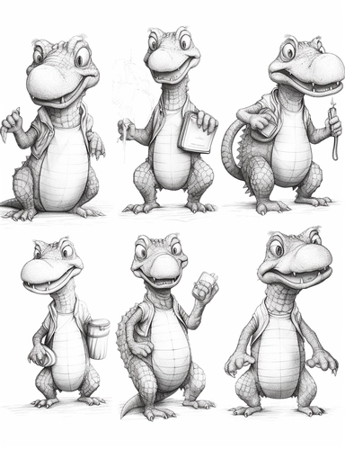 clip art coloring book page for toddler. four different images of an Alligator. white background. simple line drawing. very low detail.
