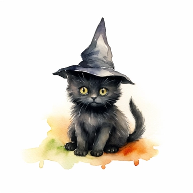 an adorable watercolor black kitten in a witch hat, solid white background clipart