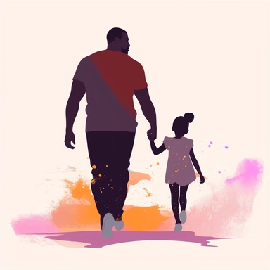 soft illustration of a black father walking with his daughter, jumping and dancing, bold colors, backview minimalist clipart
