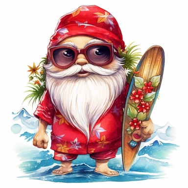 A watercolor painting of cute Santa's red hat in a Hawaiian shirt and sunglasses, holding a surfboard and standing on a beach, cute big eyes, cute detailed digital art, whimsical and cute, cute detailed artwork, glimmering, adorable and whimsical, whimsical art, Clipart style