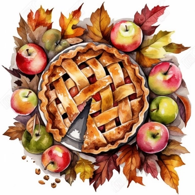 Apple pie, top view, autumn leaves, pumpkins, watercolor, clipart, white background
