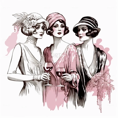 1920 fashion flapper women drinking Wine, Ladies Clipart, French wine clip art graphics with fashion women and rose wine, elegant, pretty, pinkish, on white background