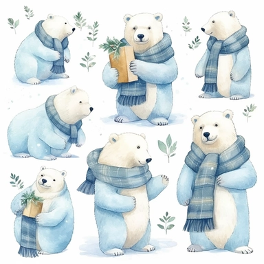Charming polar bear clipart in the style of henry moret, showcasing these adorable arctic animals in various playful poses and expressions, adorned with winter accessories