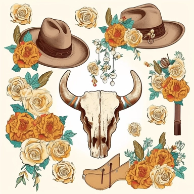 clipart, vector, country western, boots, cowgirl hats, lasso’s, bull skulls, include flowers on each element, separate each element so they can be incorporated into other designs, white background