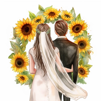watercolor The middle circle of newlyweds with their arms around in the park. back view Bridal veil with Sunflowers flowers and leaves adorning her hair. hair up with flowers vividly bold designs png realistic cartoon in 32K UHD cute. 15 cm thick outline. Black color. There was no shadow on the ground. 8k with realistic watercolors. and detailed illustrations. PNG clipart, transparent white background