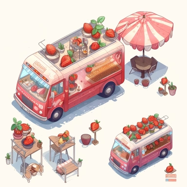 isometric illumination of ultra realistic strawberry food truck, spaced out, sublimation clipart, watercolors and pencil style, isolated on white, ultra-detailed, high quality, ghibli style, award winning, soft realism, chiaroscuro, firecore, massurrealism, cute cartoonish designs, iconic, white background (relaxed, stealth) + no text + image only