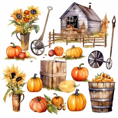Set of autumn farm elements and products isolated on white background.Hand-drawn farmhouse collection. Watercolor collection of pumpkin,sunflower, rustic wheelbarrow, signpost,hay, basket,watering can. Clip art delicate colours
