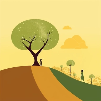 create a basic illustration clipart, super minimalist, very basic colours, with the silhouette of a woman climbing a large and thought mountain, a beautiful small tree at the top of the mountain representing success that the lady is looking for, motivational image, with very basic forms, basic and light yellow, brown and green shades, with very tiny flowers on the road of the small lady is walking towards the top.