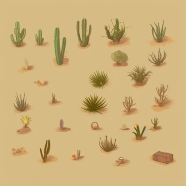 desert bushes, video game assets, isometric, top down, isolated figures, hand drawn, level art, atmospheric effects, spatial concept art, muralist, clipart, ps1 graphics, deconstructed objects, 2d, plain background