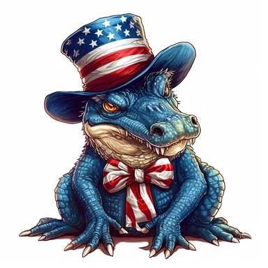 full perspective, american patriotic alligator wearing a hat clipart illustration, centred, vibrant colors, add the flag, on a white background, no watermark, no logo, no writing