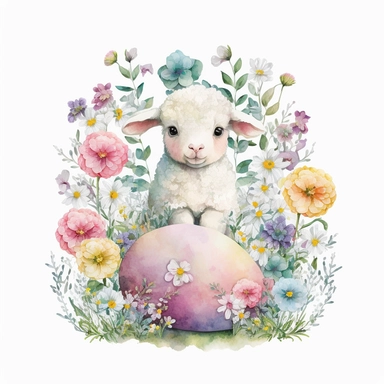An adorable watercolour Easter baby lamb with big eyes surrounded by flowers and Easter egg clipart, all in pastel colours. A fluffy white lamb sits in the centre of the image, surrounded by a variety of colourful flowers in pink, purple, and yellow hues. The lamb has big, expressive eyes and a small pink nose, and is holding a colourful Easter egg in its mouth. The flowers and Easter eggs scattered around the lamb add to the overall springtime feel of the image. The lamb is situated in a lush m