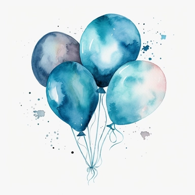 watercolor birthday balloon, blue, clipart, blank white background