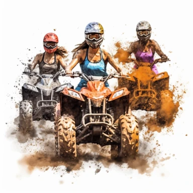 4k clipart of a group of pretty black ladies riding 4 wheelers with orange and blue mud splashing from tires, white background--ar 16:9