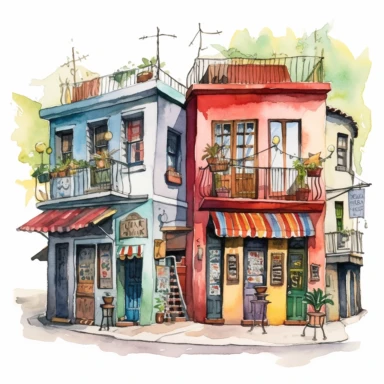 Very cute and Whimsical street of Buenos Aires, cute houses, folkloristic La Boca neighborhood, Tango dance, beautiful, Watercolored illustration, clipart, white background