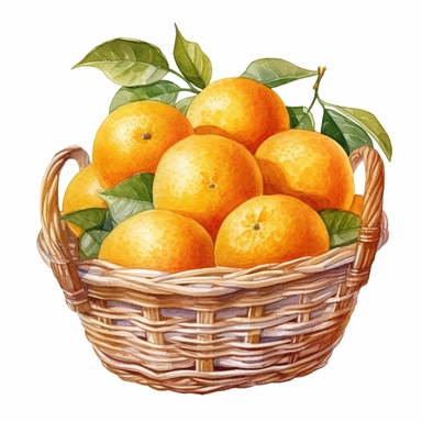 basket of oranges Watercolor Sublimation Clipart ,Cartoon,hyper realistic, intricate detail, illustration style,high solution,on the white background