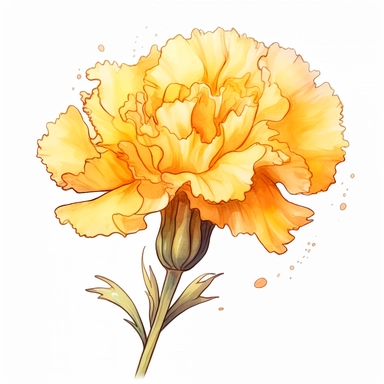 Watercolor yellow carnation clipart on a white background in the style of feminine sticker art, Tanya Shatseva, storybook illustration, bright yellow and golden hues, Georgia O'Keeffe, flower and nature motifs, colored line art, colored outlines, cottagecore design, watercolor on white background, ombre, sunny tones, colored line art, colored outlines, iridescent ombre, gradient shading, symbol of cheerfulness, vibrant digital art oil paint photorealism, an illustration of a colored flower, meti