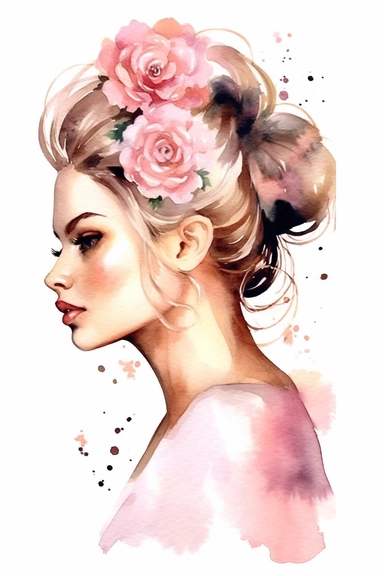 a cute cartoon pretty young Girl with a high white and pink ligth colored bun and roses sparkling around her profile, long curly hair with mini flowers in head, portrait, daydreaming expression in watercolor form, sarah kay and holly hobbies, clipart, watercolor, smiling, on a white background, daydreaming expression in watercolor form